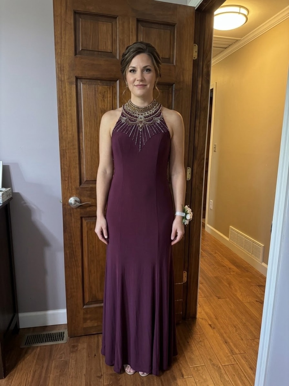 Beaded High-Neck Prom Dress in Plum